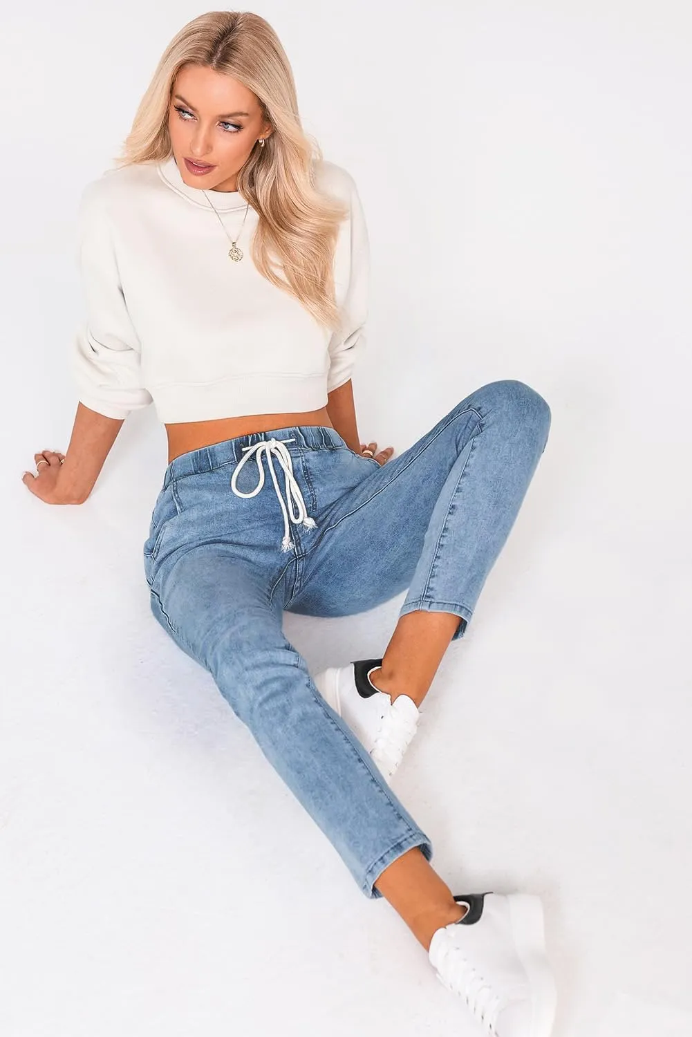 Sweezarmo Women's Pull On Solid Color Jeans Drawstring Elastic Waist Denim Stretch Joggers for Women