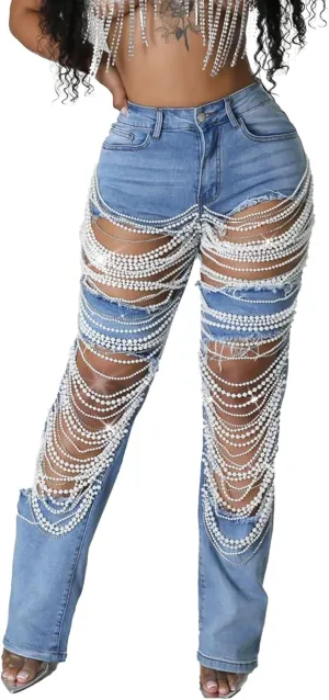 Tbahhir Women's High Waisted Ripped Jeans Y2k Boyfriend Pearl Chains Baggy Distressed Straight Leg Denim Pants Trousers