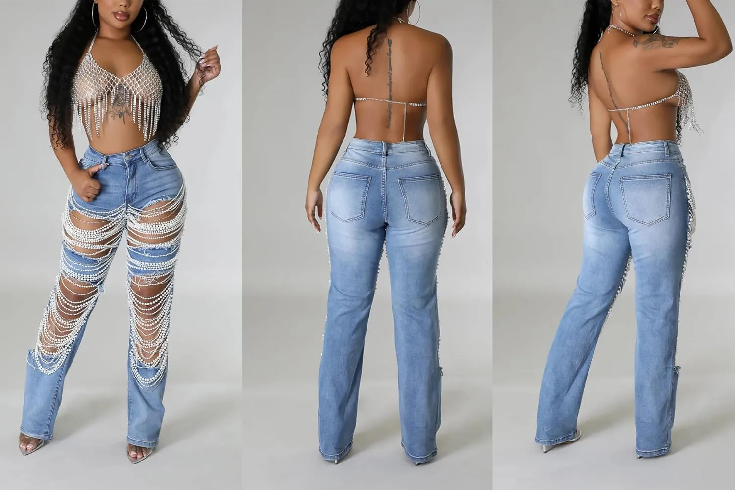 Tbahhir Women's High Waisted Ripped Jeans Y2k Boyfriend Pearl Chains Baggy Distressed Straight Leg Denim Pants Trousers