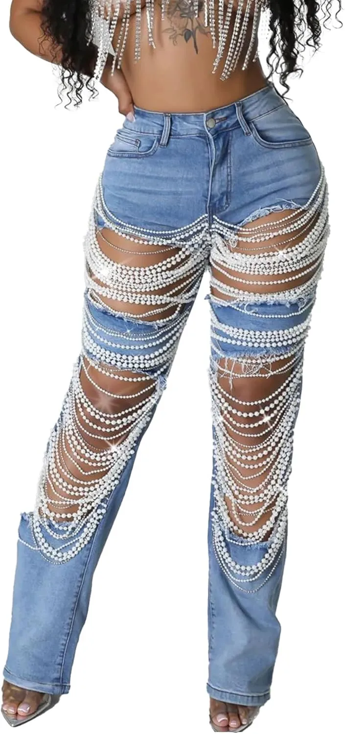 Tbahhir Women's High Waisted Ripped Jeans Y2k Boyfriend Pearl Chains Baggy Distressed Straight Leg Denim Pants Trousers