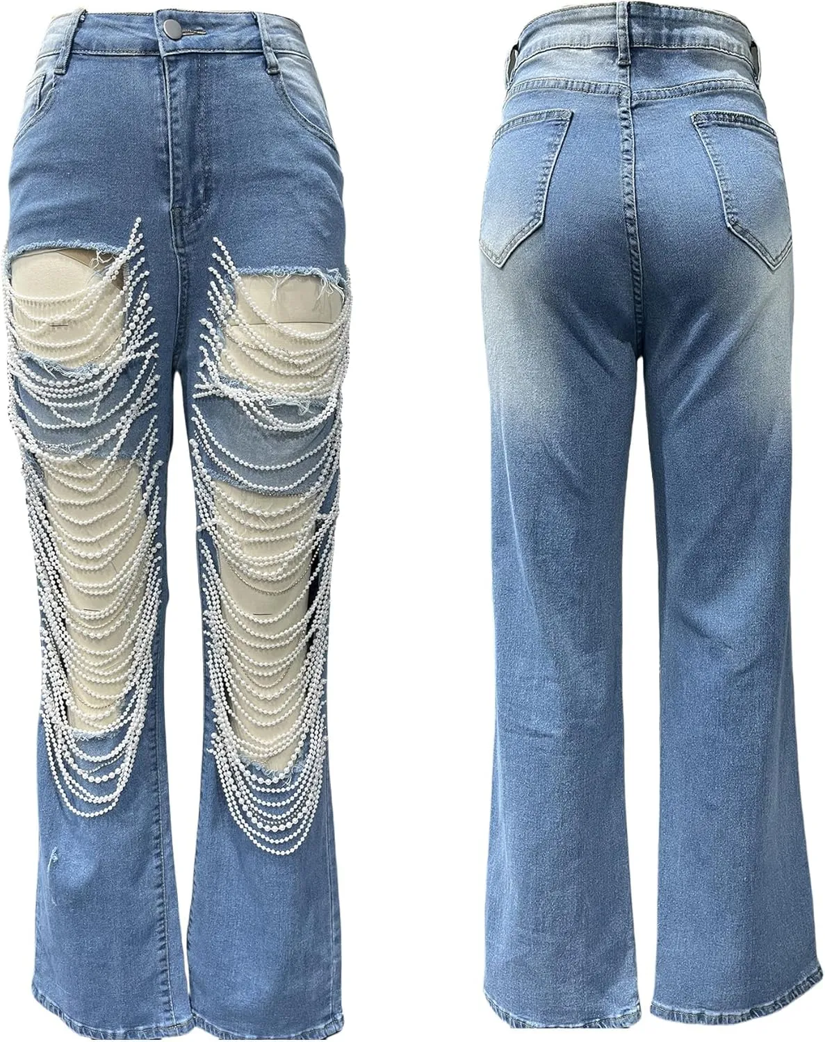 Tbahhir Women's High Waisted Ripped Jeans Y2k Boyfriend Pearl Chains Baggy Distressed Straight Leg Denim Pants Trousers