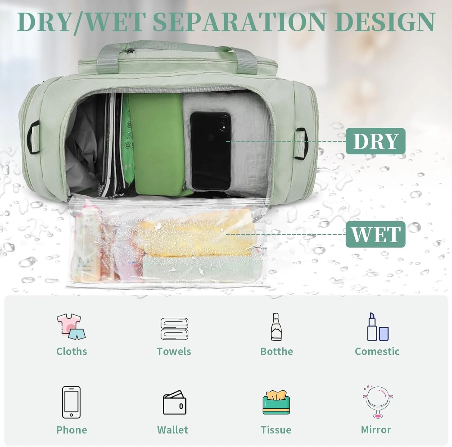 Travel Duffle Bag for Women,Gym Bag with Shoe Compartment,Weekend overnight bag with wet pocket,Waterproof carry on Travel Bag(Green)