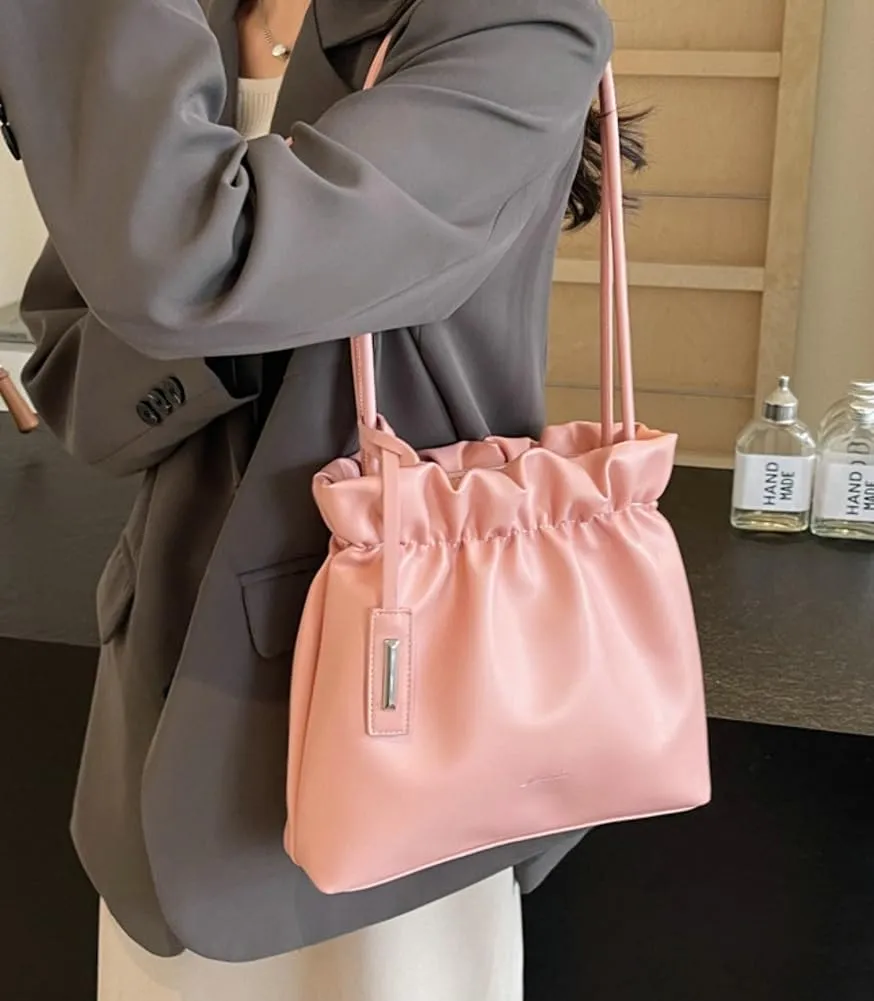 Trendy Bucket Shoulder Bag for Women Small Pleated Purses Handbags Tote Bag Ladies Designer Top Handle Satchels