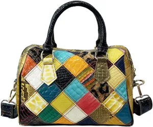 Vintage Leather Shoulder Handbag for Women Multicolored Splicing Boho Purse Cowhide Colorful Crossbody Satchels, One Color, One Size