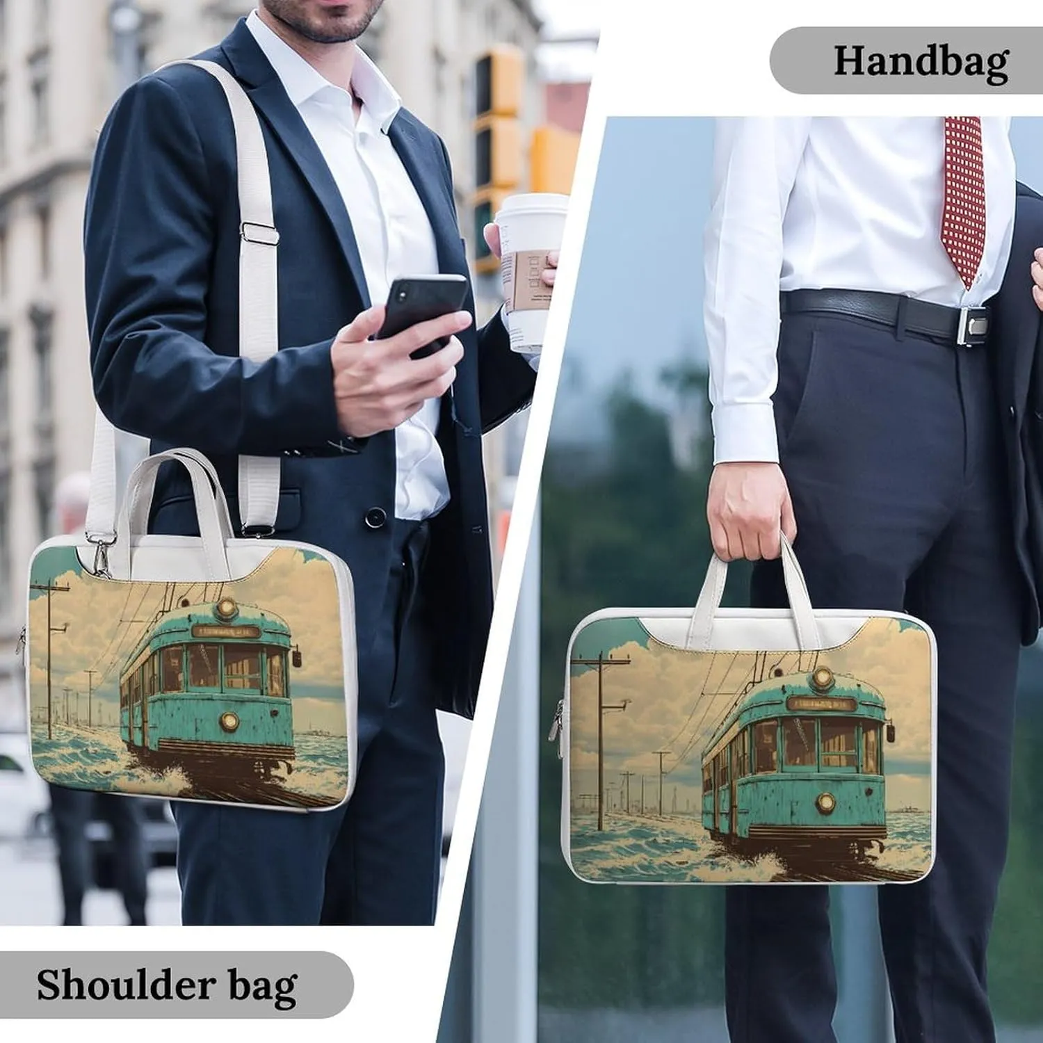 Vintage Old Japanese Train On Water Leather Bag Laptop Case Slim Water Resistant Computer Bags with Handle Briefcase for Work