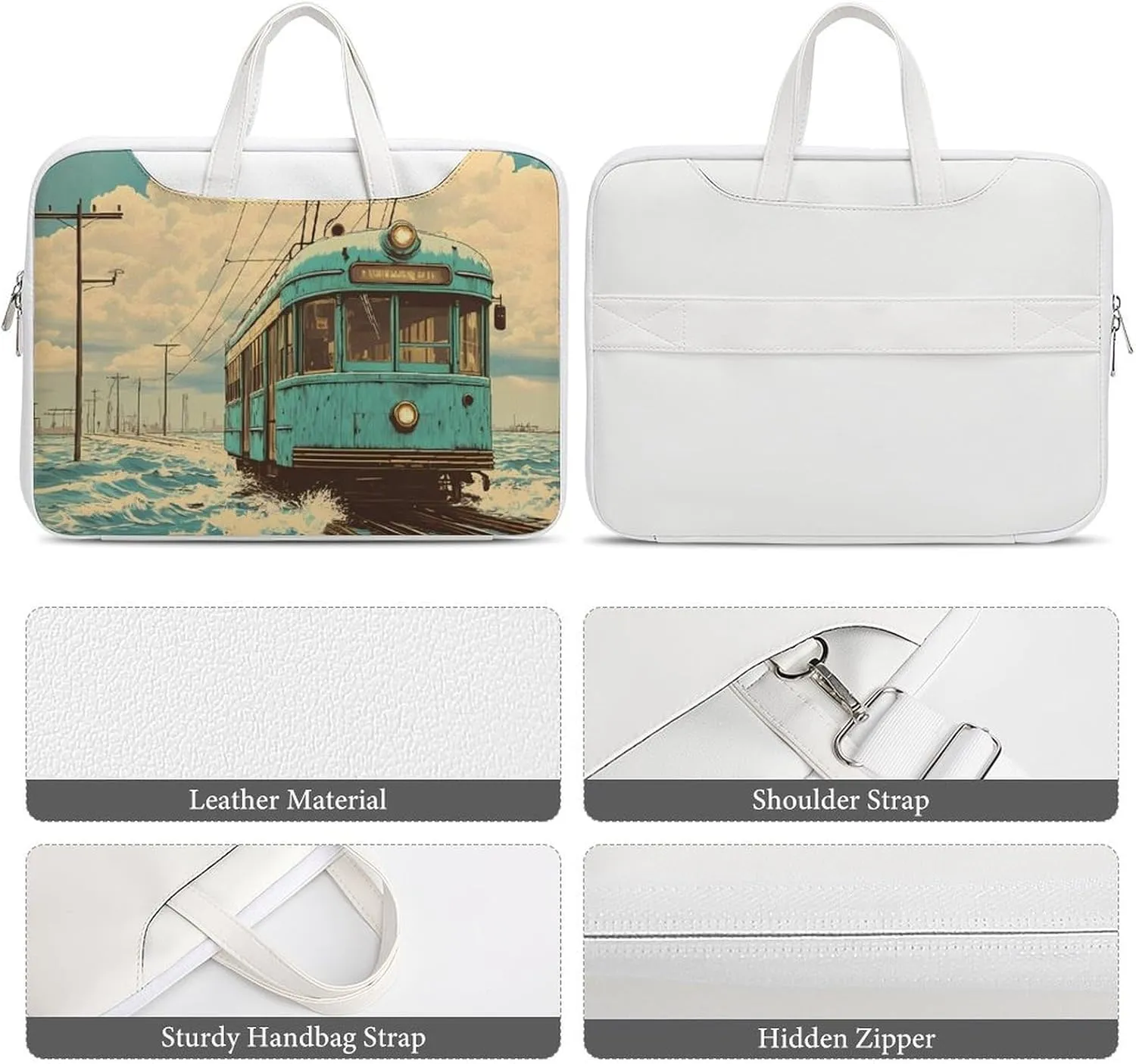 Vintage Old Japanese Train On Water Leather Bag Laptop Case Slim Water Resistant Computer Bags with Handle Briefcase for Work