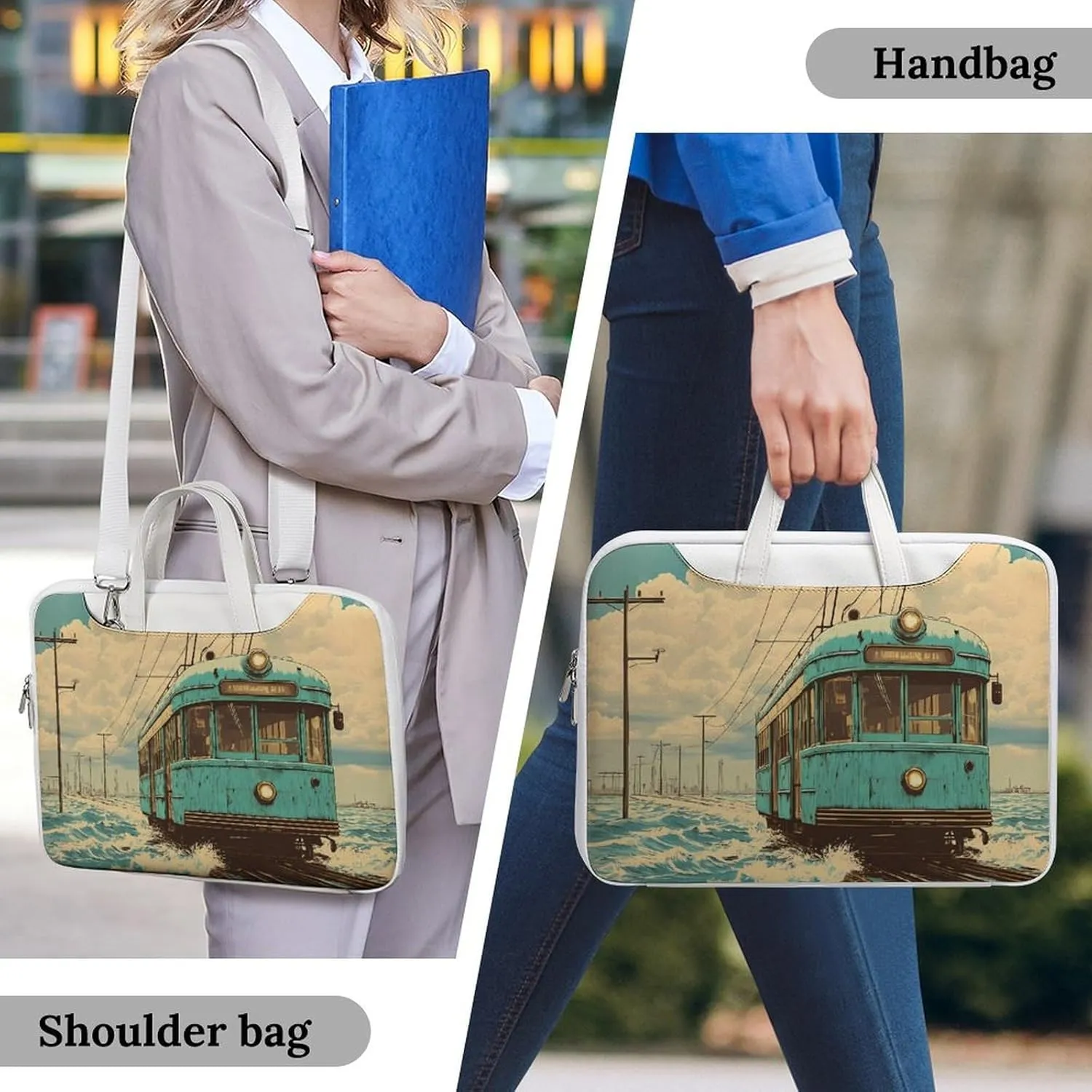 Vintage Old Japanese Train On Water Leather Bag Laptop Case Slim Water Resistant Computer Bags with Handle Briefcase for Work