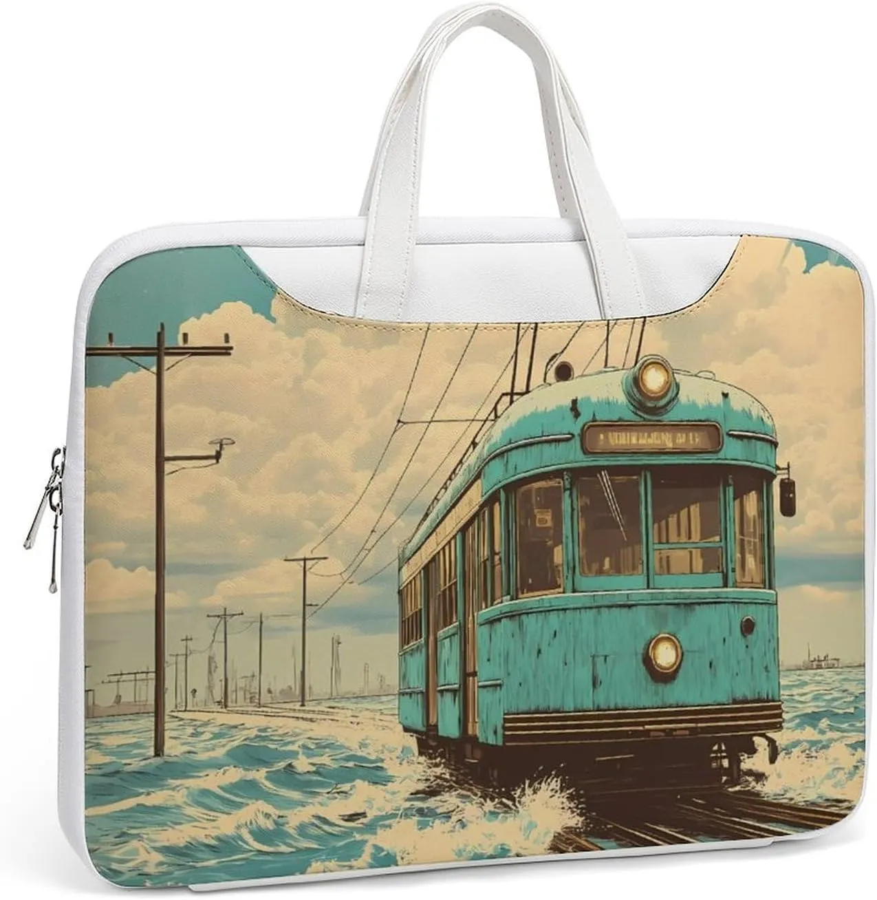 Vintage Old Japanese Train On Water Leather Bag Laptop Case Slim Water Resistant Computer Bags with Handle Briefcase for Work