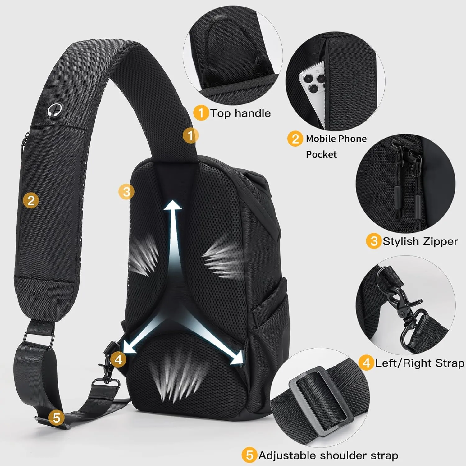 Waterproof Crossbody BagChest Bag for Mens Sling Backpack Large Travel Shoulder Bag with Chest Phone Holder