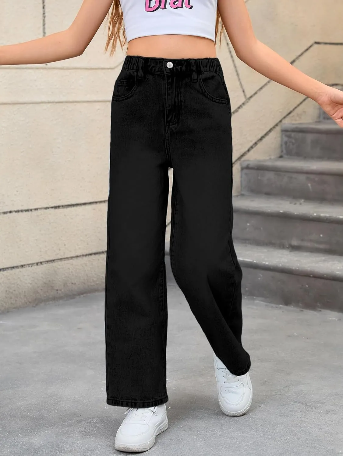 WDIRARA Girl's Bowknot Embroidery Wide Leg Denim Pants Y2k High Waist Baggy Jeans