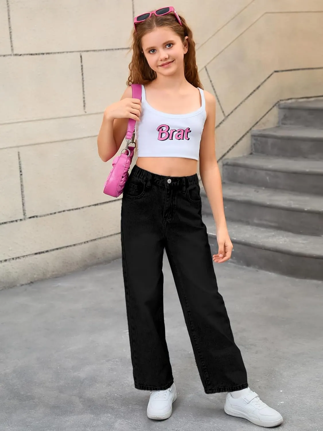 WDIRARA Girl's Bowknot Embroidery Wide Leg Denim Pants Y2k High Waist Baggy Jeans