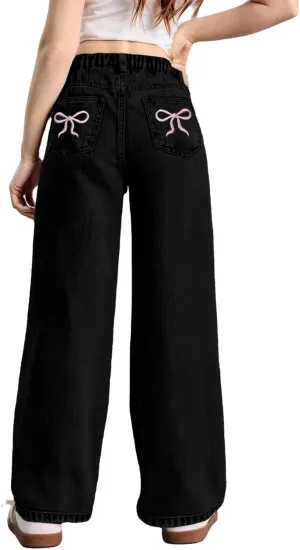WDIRARA Girl's Bowknot Embroidery Wide Leg Denim Pants Y2k High Waist Baggy Jeans
