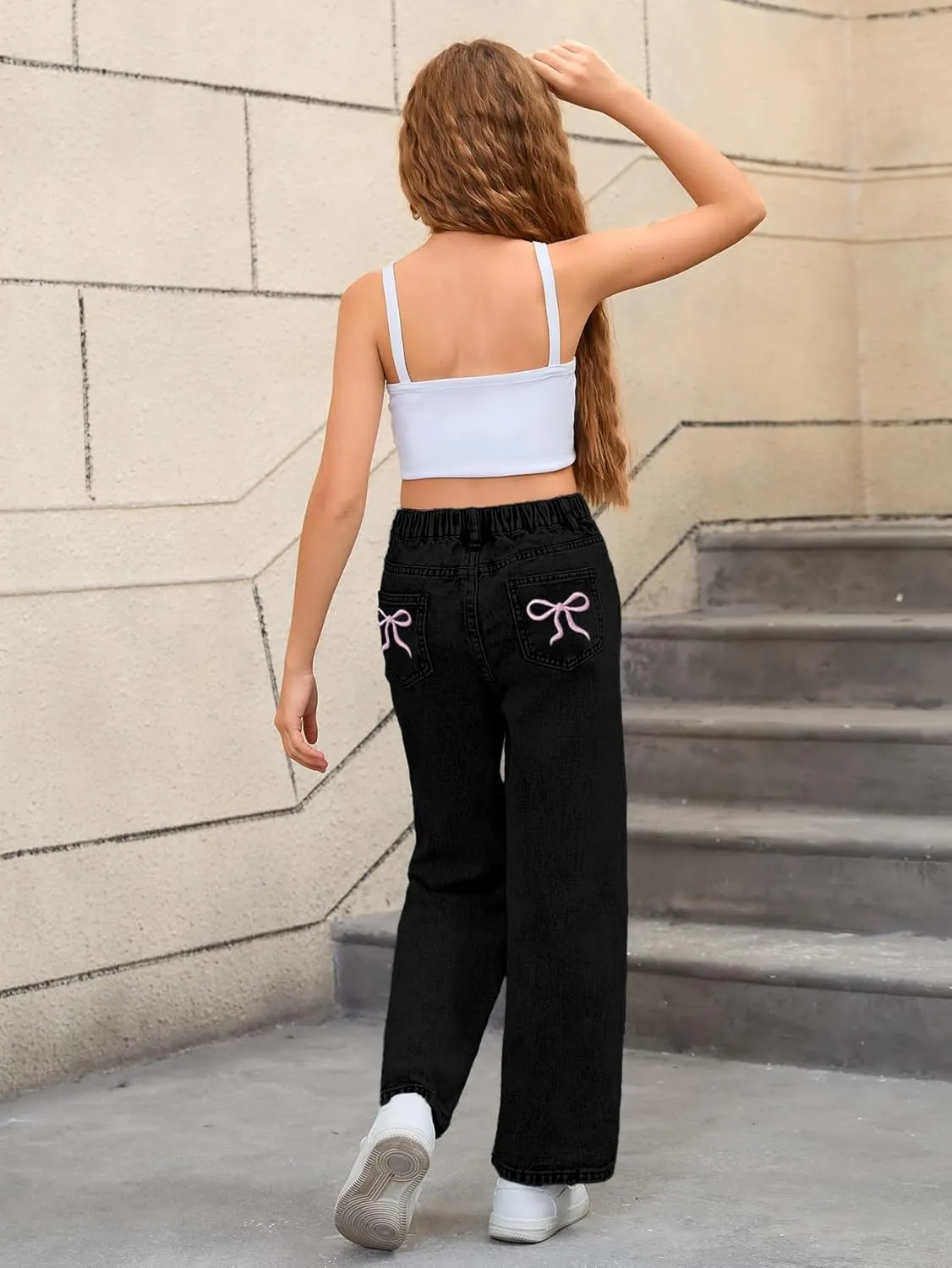 WDIRARA Girl's Bowknot Embroidery Wide Leg Denim Pants Y2k High Waist Baggy Jeans