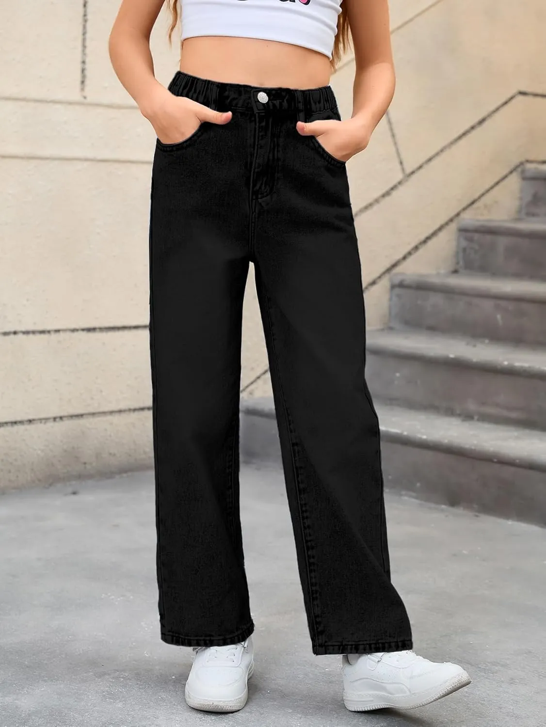 WDIRARA Girl's Bowknot Embroidery Wide Leg Denim Pants Y2k High Waist Baggy Jeans