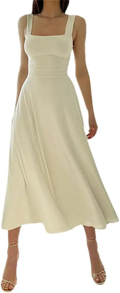 Women Camisole Dress Color Wide Strap Elastic Waist Slim Fit Bodysuit Dresses Casual Party Fit Skirt