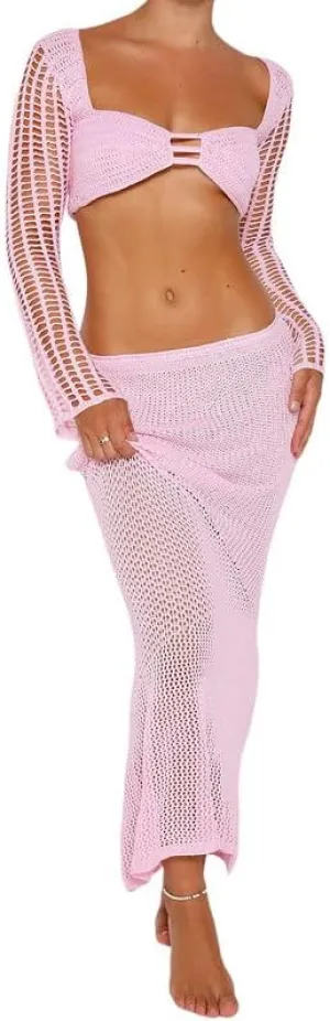 Women Crochet Knit 2 Piece Long Skirt Sets Hollow Out Crop Top Bodycon High Waist Side Slit Maxi Skirt Summer Sets