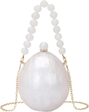 Women Egg Round Acrylic Evening Bag Pearl Wrist Clutch Acrylicrse with Detachable Chains for Wedding Engagement Party