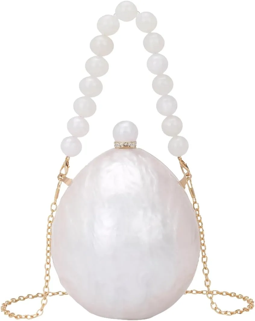 Women Egg Round Acrylic Evening Bag Pearl Wrist Clutch Acrylicrse with Detachable Chains for Wedding Engagement Party
