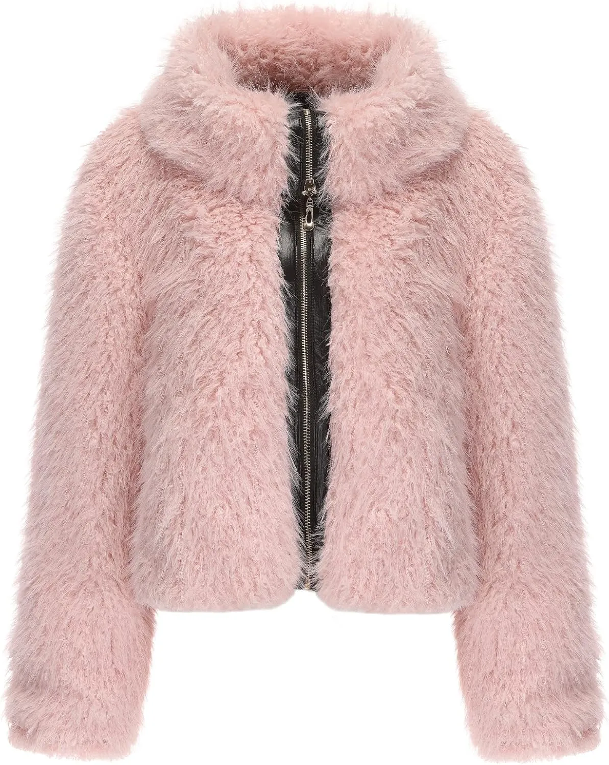 Women Faux Fur Jacket Zip Up Large Turn-Down Collar for Short Jackets Fall and Winter Warm Fluffy Cardigan Coat