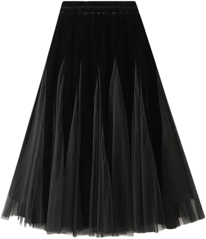 Women Fleece Mesh Patchwork Midi Skirts Solid Casual High Waist Long Skirts