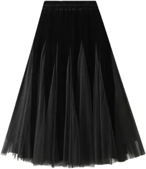 Women Fleece Mesh Patchwork Midi Skirts Solid Casual High Waist Long Skirts