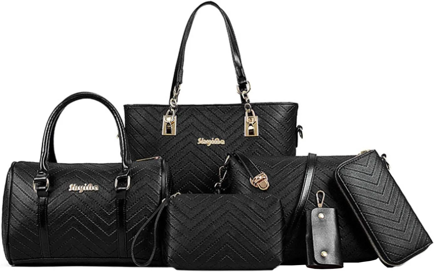 Women Handbags 6 Pcs Set PU Top Handle Purse Splicing Shoulder Crossbody Bag Tote Satchels Clutch Card Holder