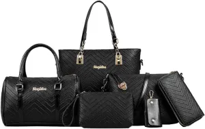 Women Handbags 6 Pcs Set PU Top Handle Purse Splicing Shoulder Crossbody Bag Tote Satchels Clutch Card Holder