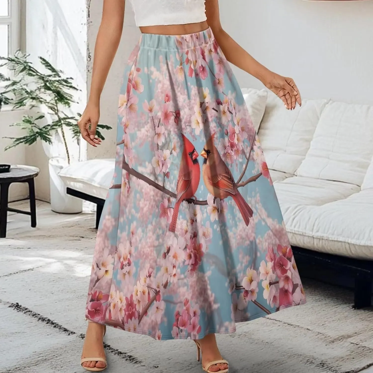 Women Pleated Skirt Polyester A-Line Printed Maxi Skirts with Pockets for Vacation Travel Parties