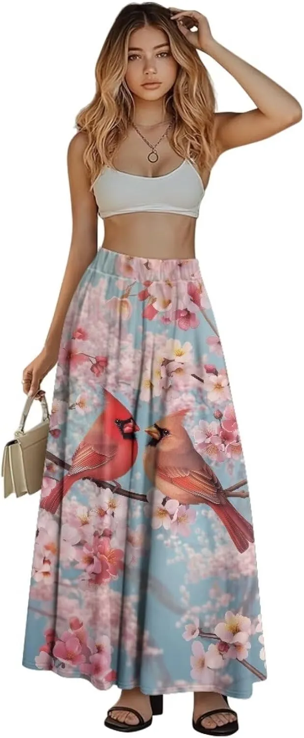 Women Pleated Skirt Polyester A-Line Printed Maxi Skirts with Pockets for Vacation Travel Parties