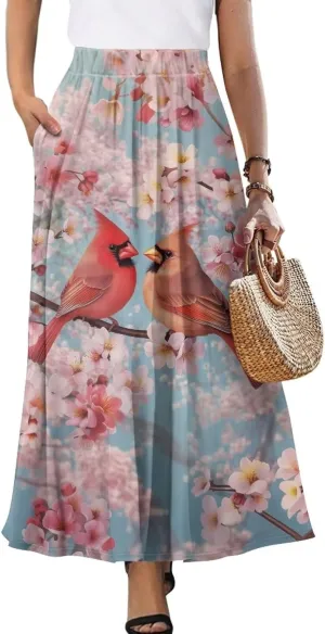 Women Pleated Skirt Polyester A-Line Printed Maxi Skirts with Pockets for Vacation Travel Parties