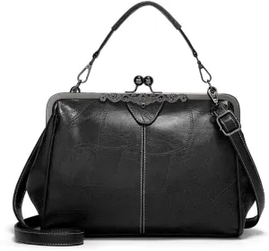 Women Retro Kiss Lock Handbags Oil Wax PU Shoulder Bag Vintage Purses Small Tote Messenger Bags Satchels, One Color, One Size