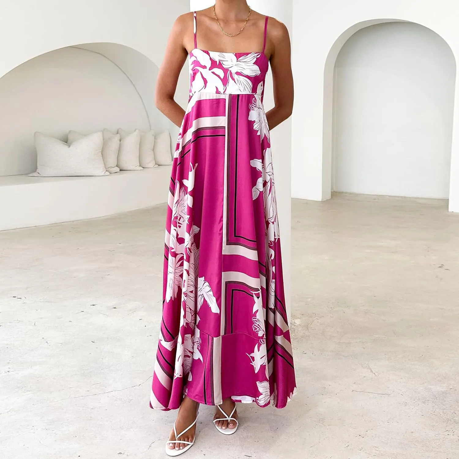 Women Spaghetti Strap Floral Sundress Smocked Backless Flowy Maxi Dress Sleeveless Boho Beach Long Dresses