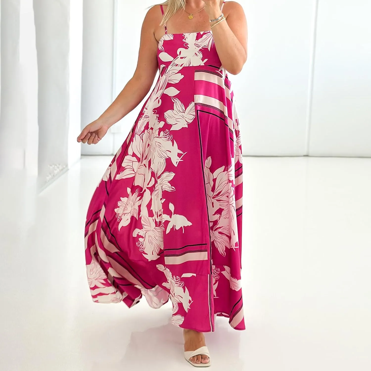 Women Spaghetti Strap Floral Sundress Smocked Backless Flowy Maxi Dress Sleeveless Boho Beach Long Dresses