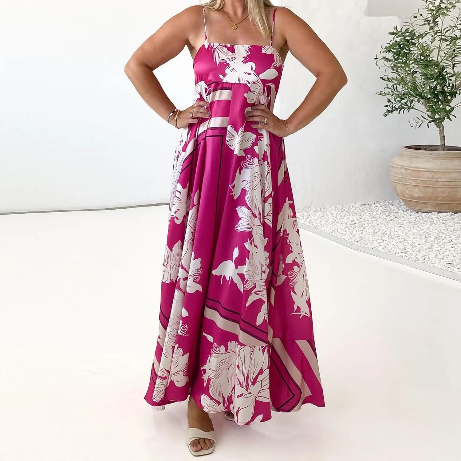 Women Spaghetti Strap Floral Sundress Smocked Backless Flowy Maxi Dress Sleeveless Boho Beach Long Dresses