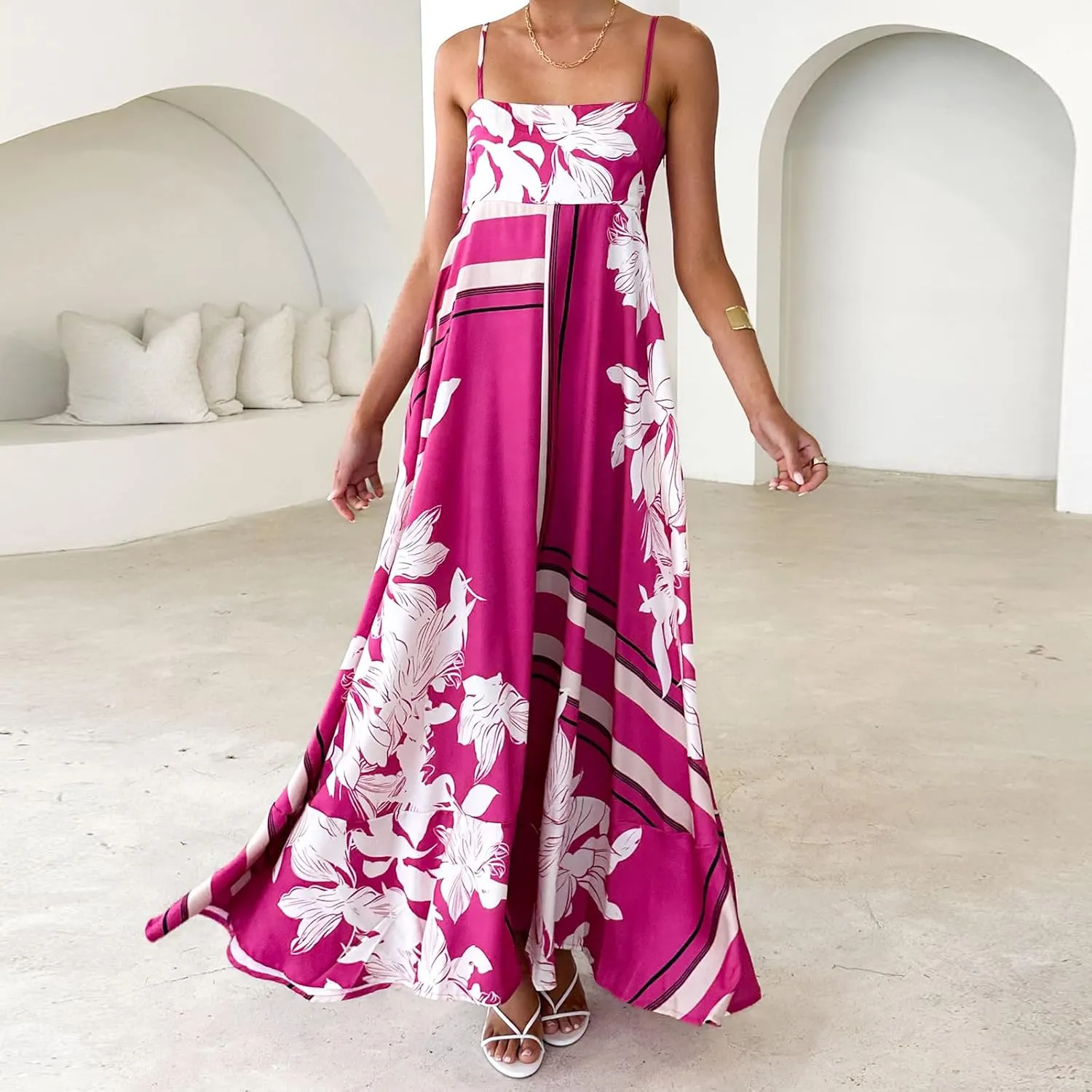 Women Spaghetti Strap Floral Sundress Smocked Backless Flowy Maxi Dress Sleeveless Boho Beach Long Dresses