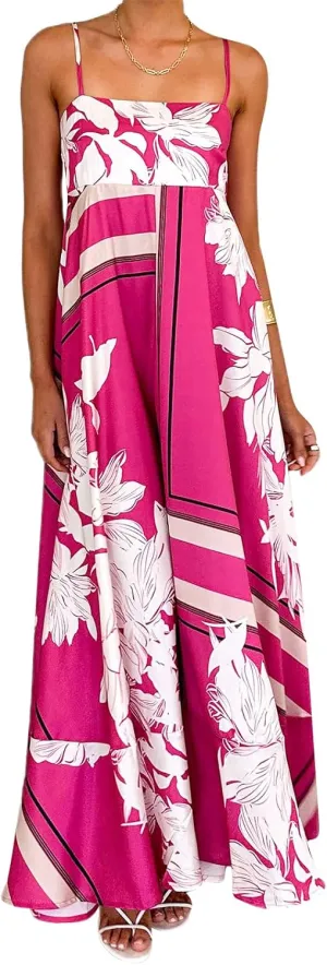 Women Spaghetti Strap Floral Sundress Smocked Backless Flowy Maxi Dress Sleeveless Boho Beach Long Dresses