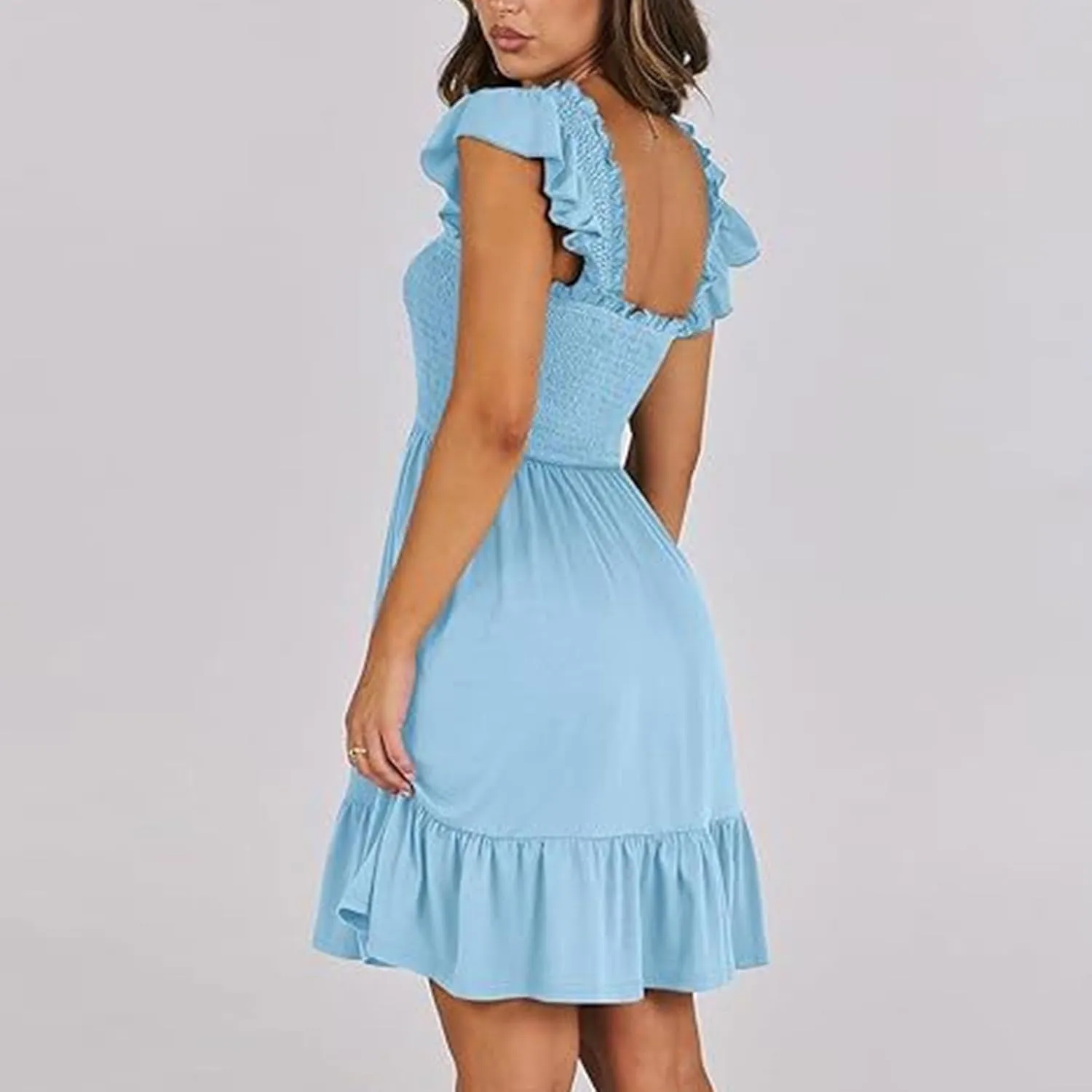 Women Summer Casual Sleeveless Square Neck Smocked Ruffle Backless Boho Mini Dress Flowy Beach Cute Swing Dress