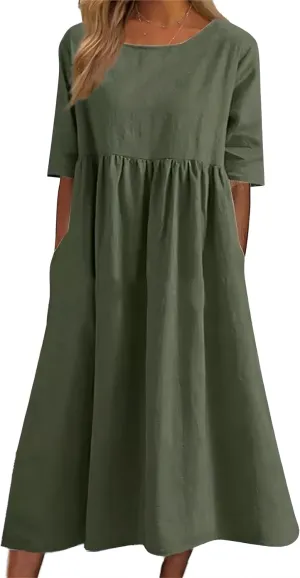 Women Summer Maxi Dress 2024 Casual Comfy Cotton Crew Neck Half Sleeve Beach Sundress with Pockets Army Green
