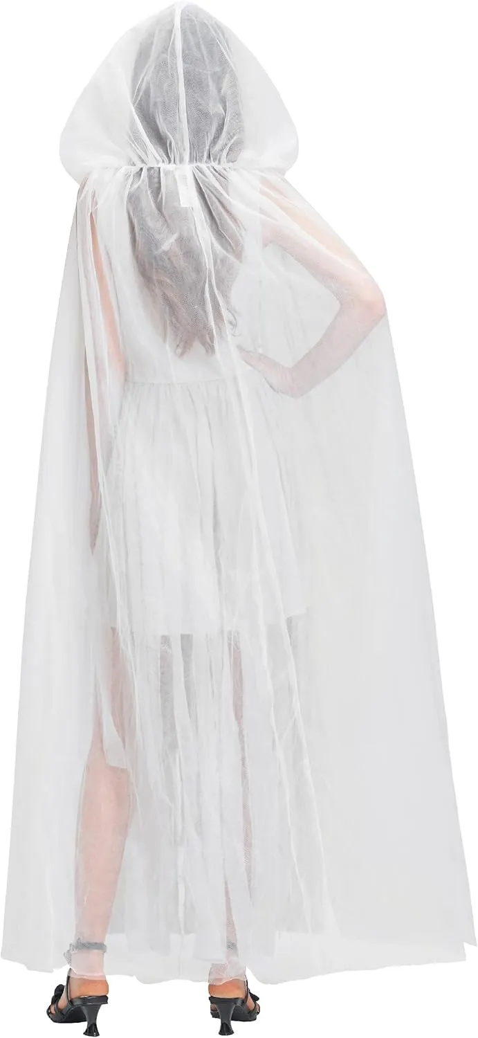 Women Zombie Ghost Bride Costume, Vampire Dress with Headband Veil Cloak Bloody Suit for Halloween Party
