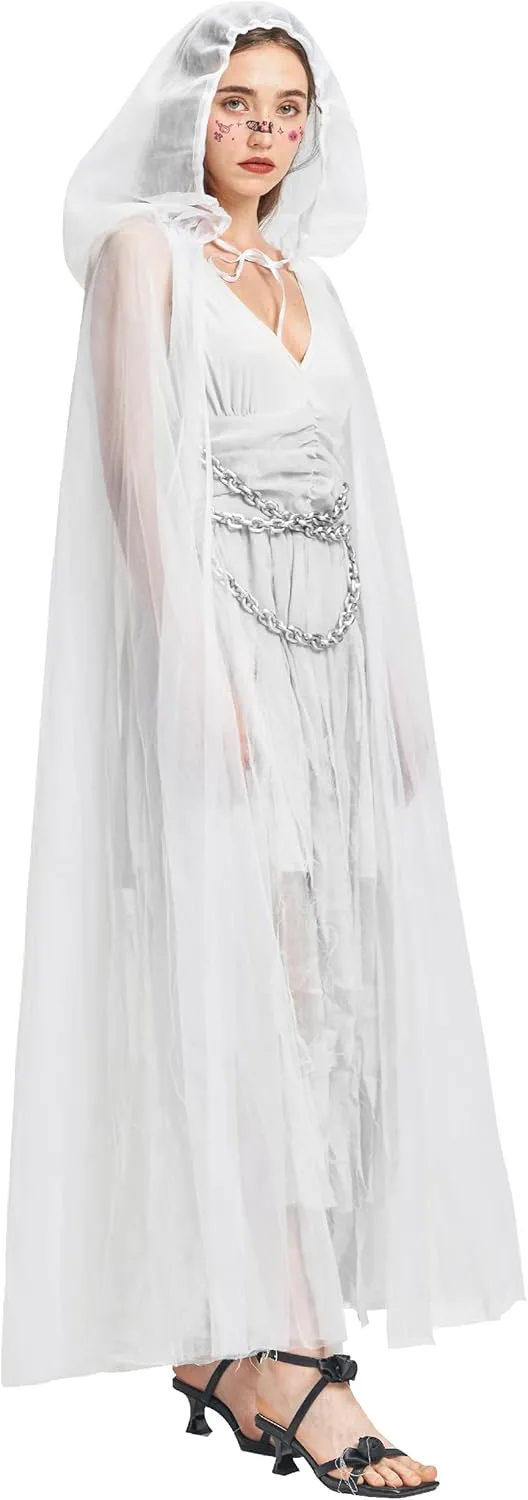 Women Zombie Ghost Bride Costume, Vampire Dress with Headband Veil Cloak Bloody Suit for Halloween Party