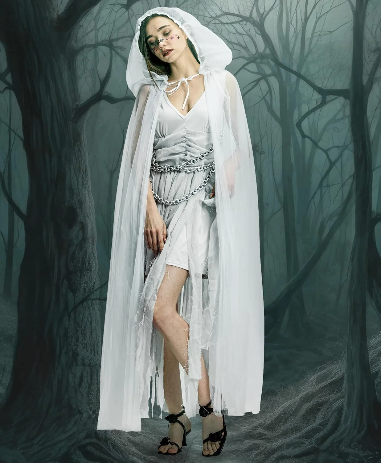Women Zombie Ghost Bride Costume, Vampire Dress with Headband Veil Cloak Bloody Suit for Halloween Party