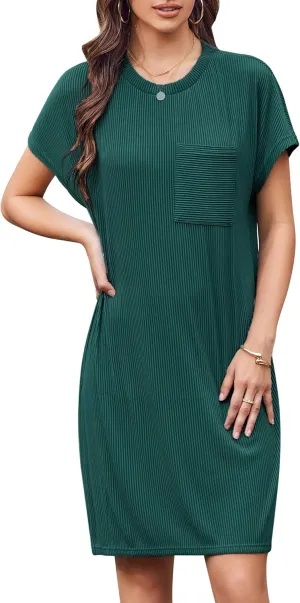Womens Casual Crewneck Short Sleeve Ribbed Mini Tshirt Dress Fashion Slim Spring and Summer Dresses