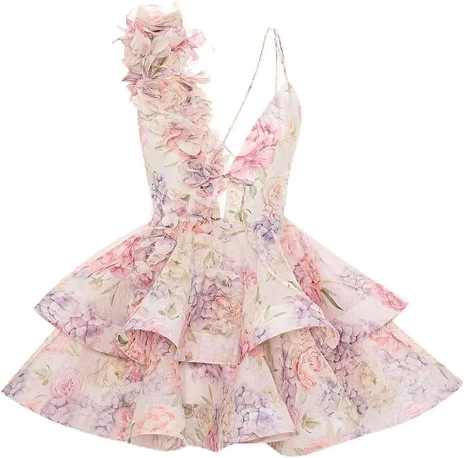 Women's Elegant Flower Printed Party Dress Sling Backless Lace Up Ruffle Ruffle A-Line Mini Evening Dresses