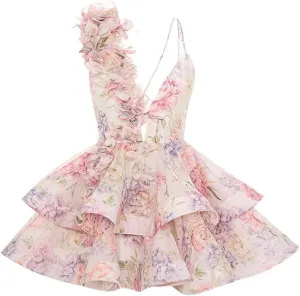 Women's Elegant Flower Printed Party Dress Sling Backless Lace Up Ruffle Ruffle A-Line Mini Evening Dresses