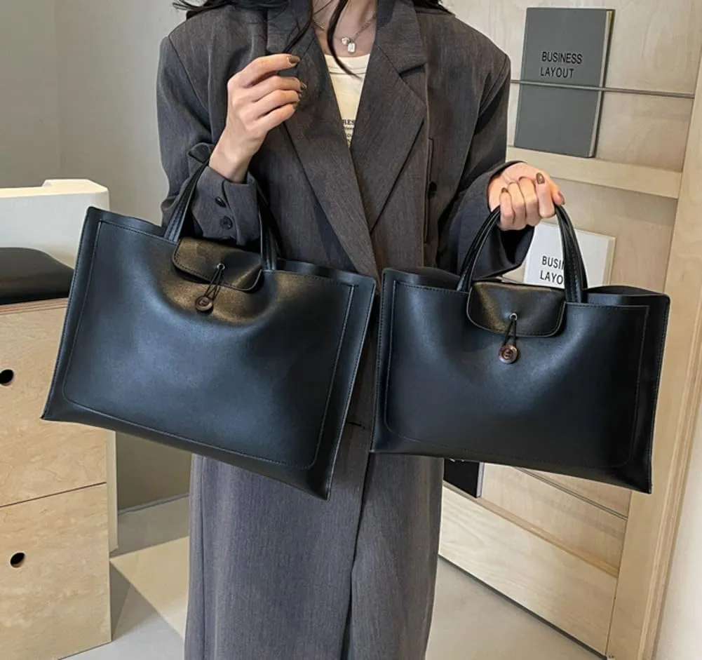 Womens Fashion Tote Bag Large Vegan Leather Handbag Vintage Purse Ladies Working Satchels Briefcase with Button 2 Sizes