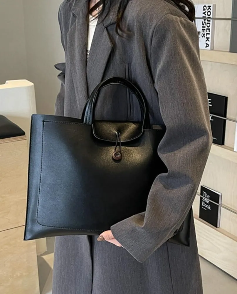 Womens Fashion Tote Bag Large Vegan Leather Handbag Vintage Purse Ladies Working Satchels Briefcase with Button 2 Sizes