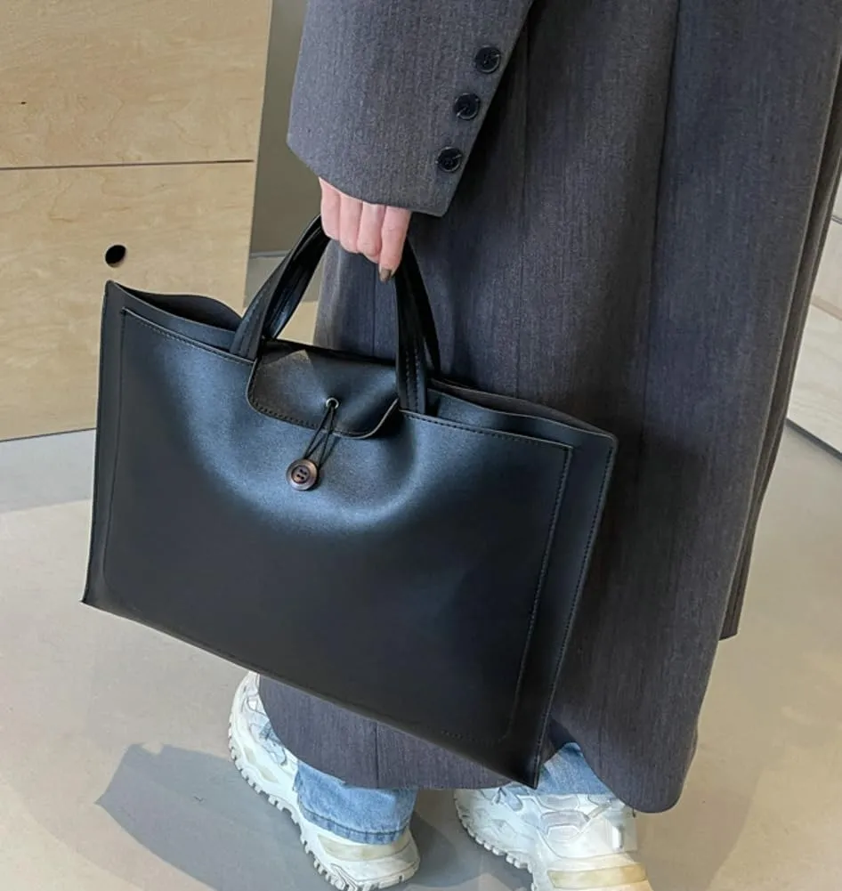Womens Fashion Tote Bag Large Vegan Leather Handbag Vintage Purse Ladies Working Satchels Briefcase with Button 2 Sizes