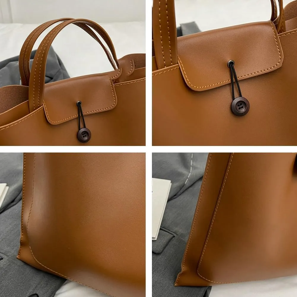 Womens Fashion Tote Bag Large Vegan Leather Handbag Vintage Purse Ladies Working Satchels Briefcase with Button 2 Sizes