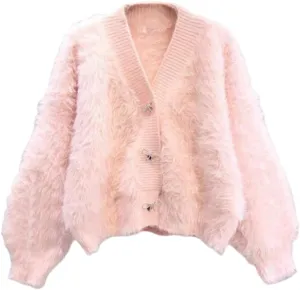 Women's Fuzzy Fluffy Cardigan Cute Bowknot Button Sweater Long Sleeve V Neck Knit Tops