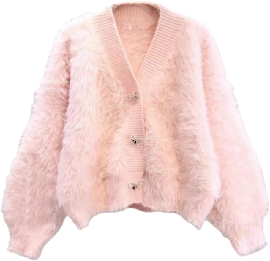 Women's Fuzzy Fluffy Cardigan Cute Bowknot Button Sweater Long Sleeve V Neck Knit Tops